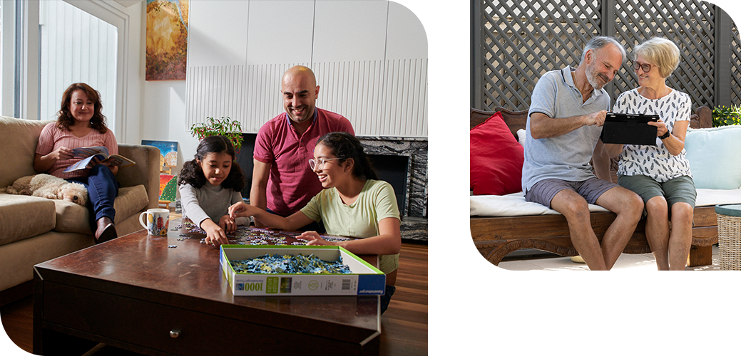 People at home reading and assembling a puzzle, and an older couple using a tablet on an outdoor lounge