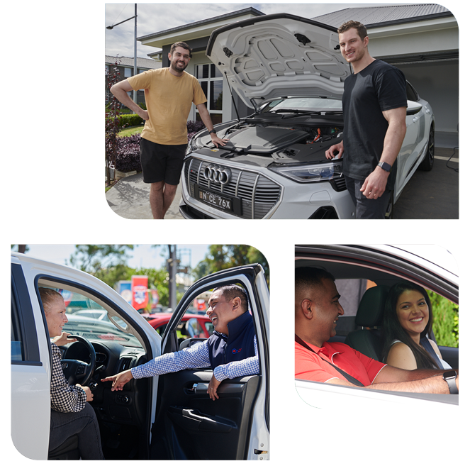 A collage showing people inspecting a car at home, viewing a car in person, and sitting inside a vehicle