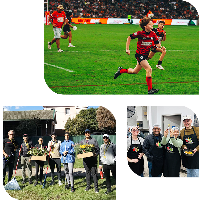 Children playing sport, volunteers gardening, and a group cooking together in a kitchen