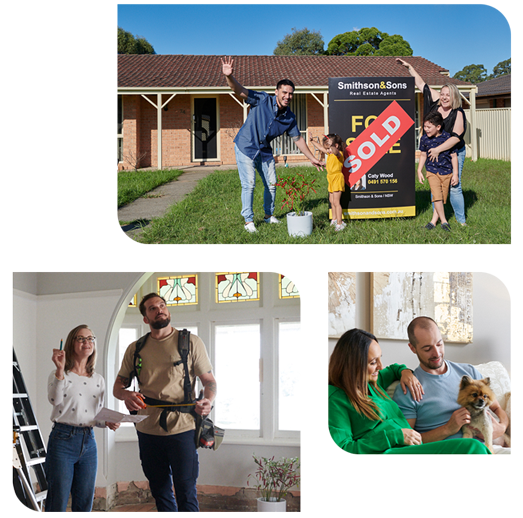 A collage showing a sold home, a house renovation in progress, and people relaxing inside a finished home