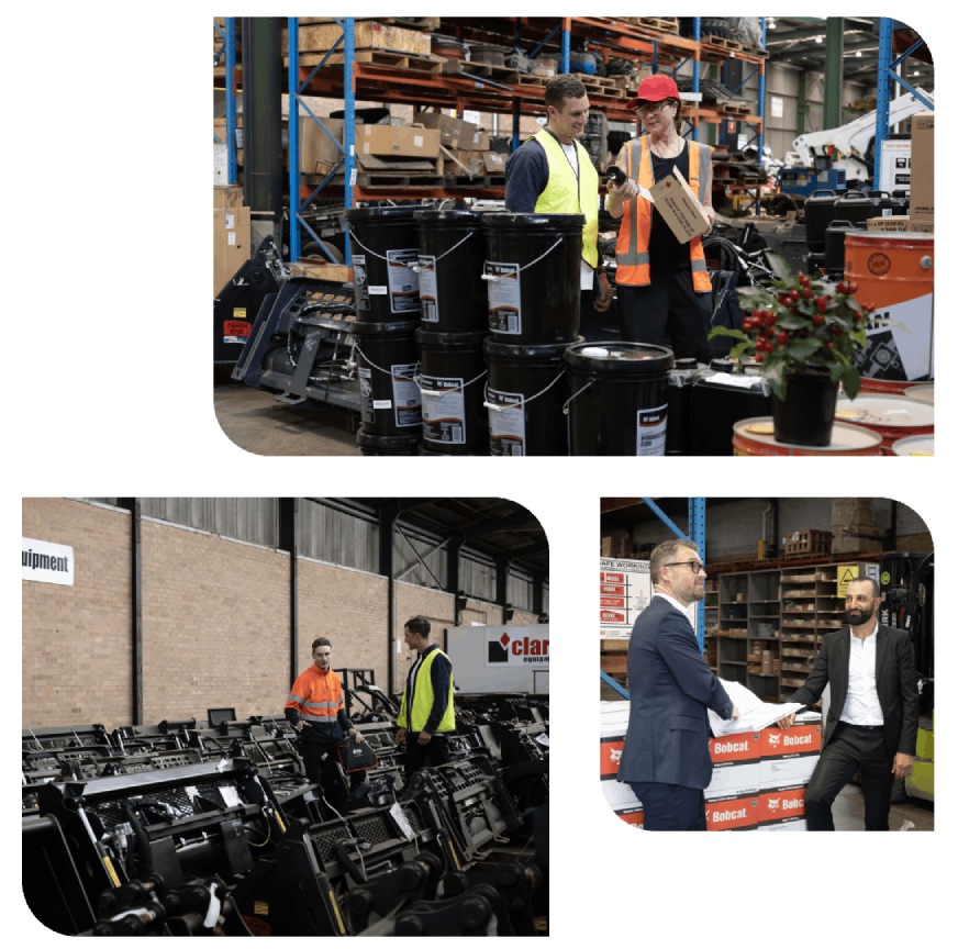 Workers in a warehouse handling stock, inspecting machinery and reviewing documents among shelving, pallets and equipment