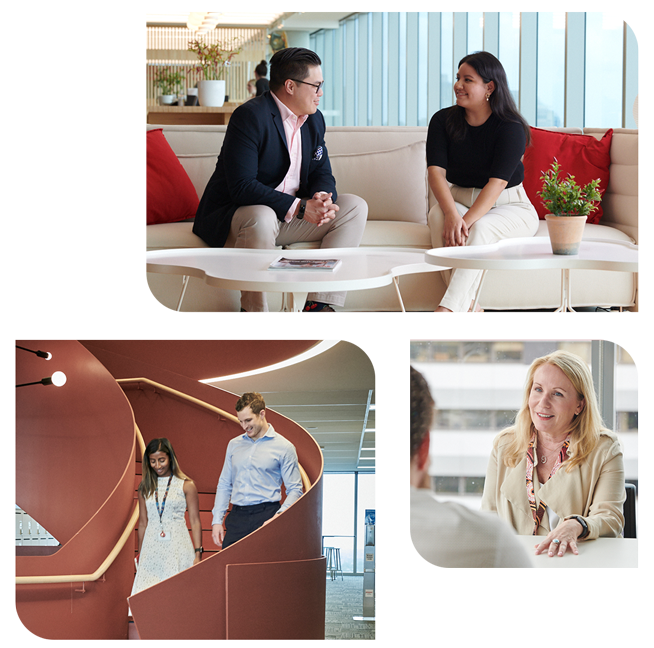 People discussing work on a couch, walking down a spiral staircase, and meeting across a table in an office setting