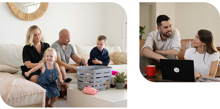 Family sorting laundry together on a couch and people discussing work beside a laptop